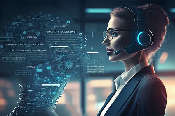 woman wearing a headset stands in front of a screen that says call center